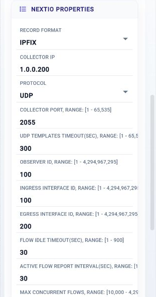 IPFIX generator collector and flow reporting properties