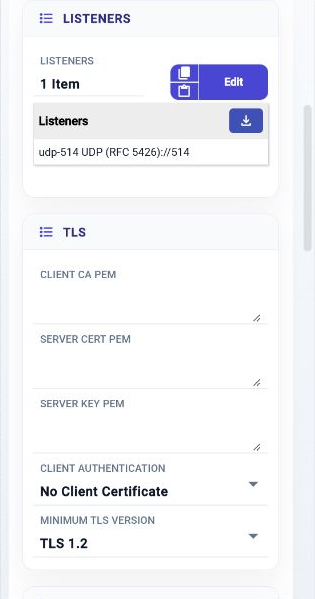 Syslog broker listener and TLS properties