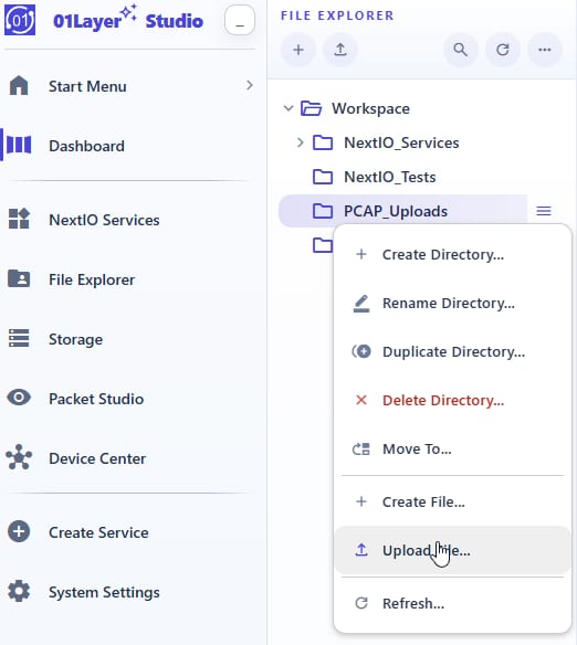 PCAP Uploads folder menu with Upload file option for manual upload triggered analysis