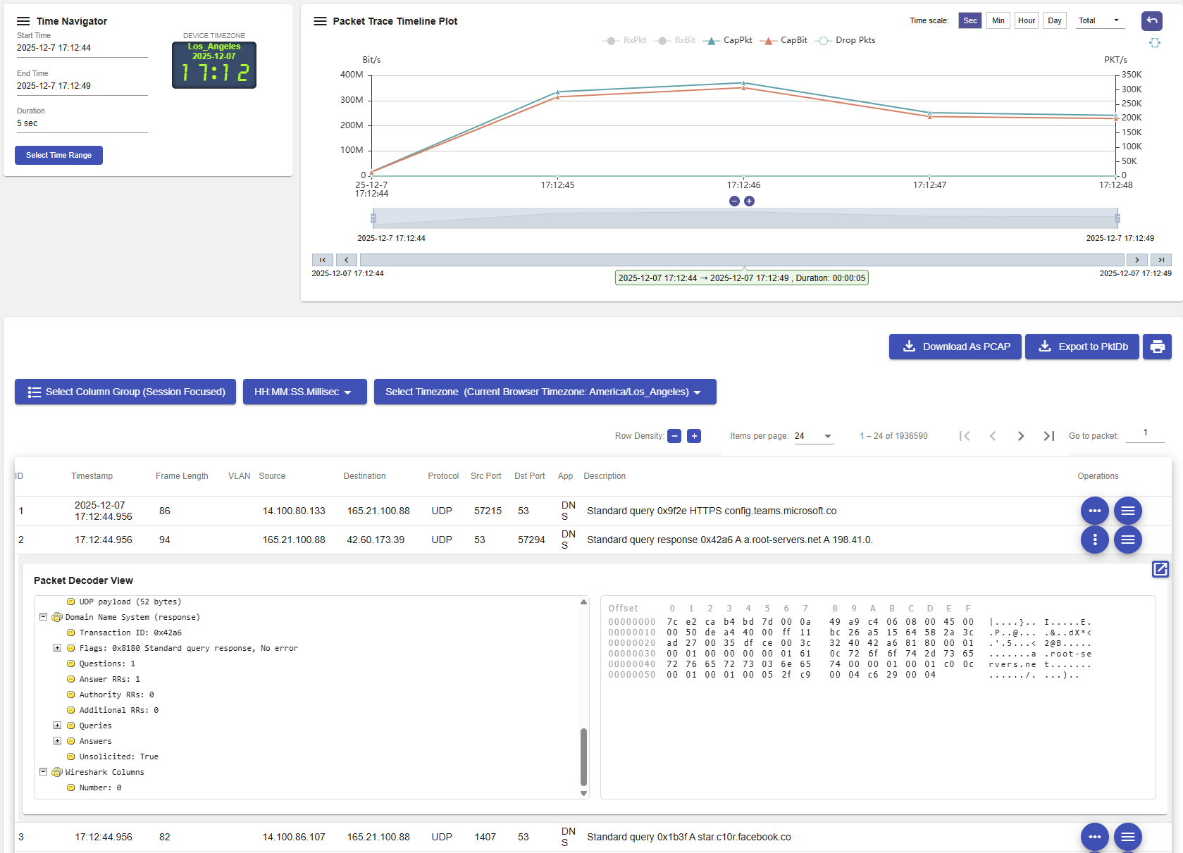 Packet viewer with timeline, traffic rows, and decoded DNS details